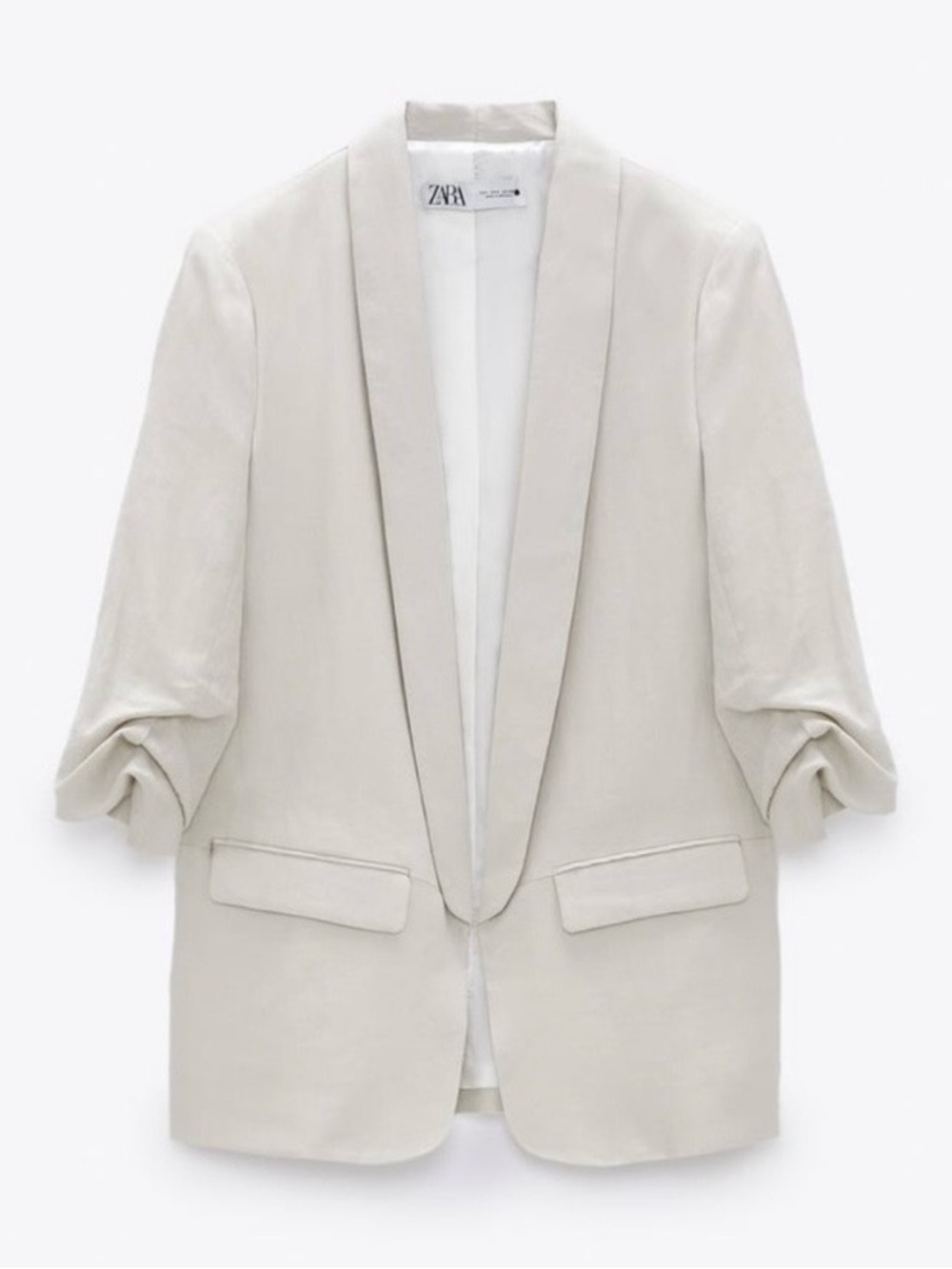 NWOT Zara Open-front 3/4 Gathered Sleeves Linen Minimalist Lagenlook Blazer L